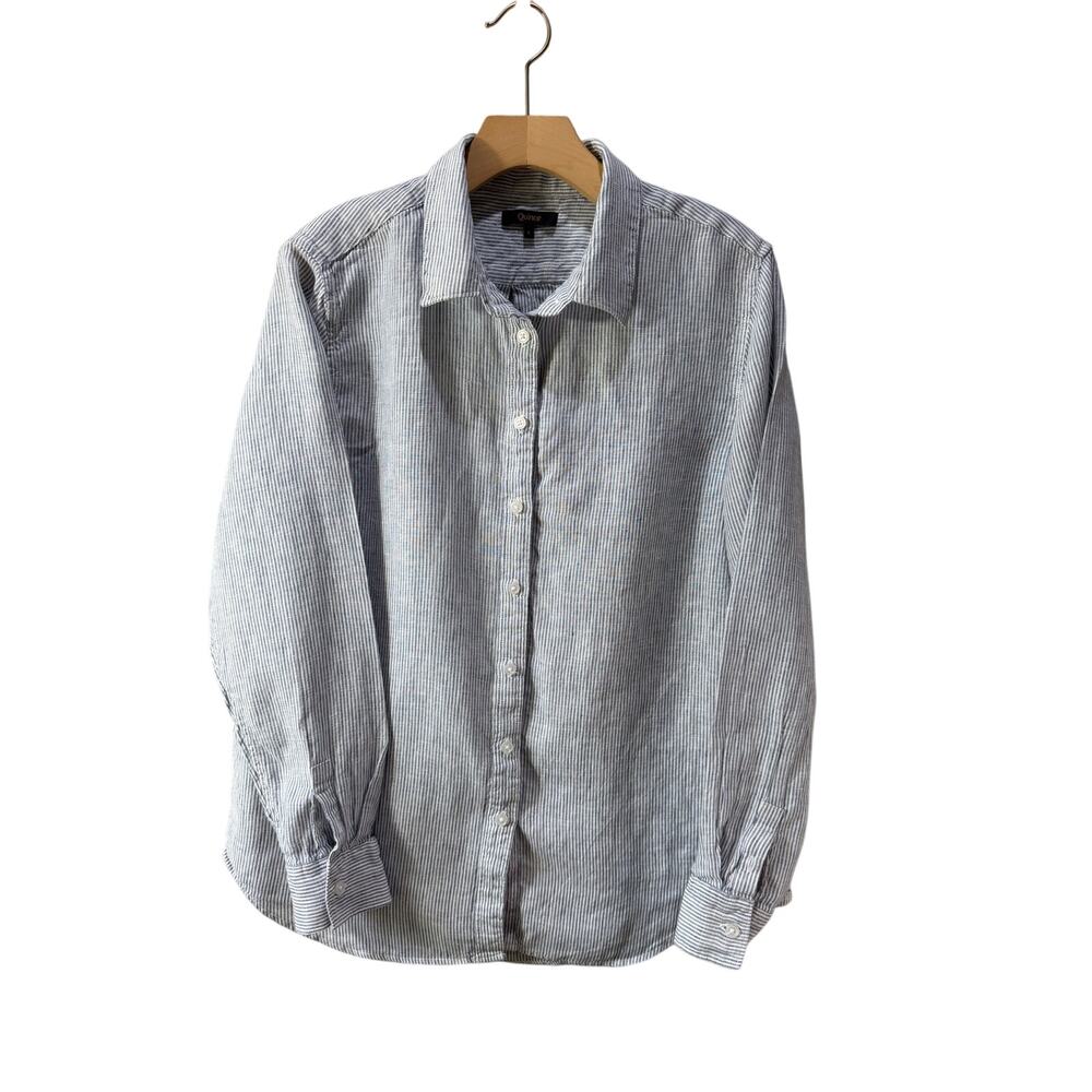 Quince Womens Linen Button Down Long Sleeve Blue White Stripes Size L